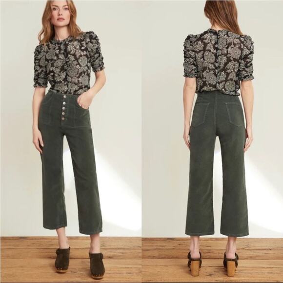 Veronica Beard Crosbie High Rise Crop Wide Leg Green Corduroy Pants 30 - Picture 1 of 9